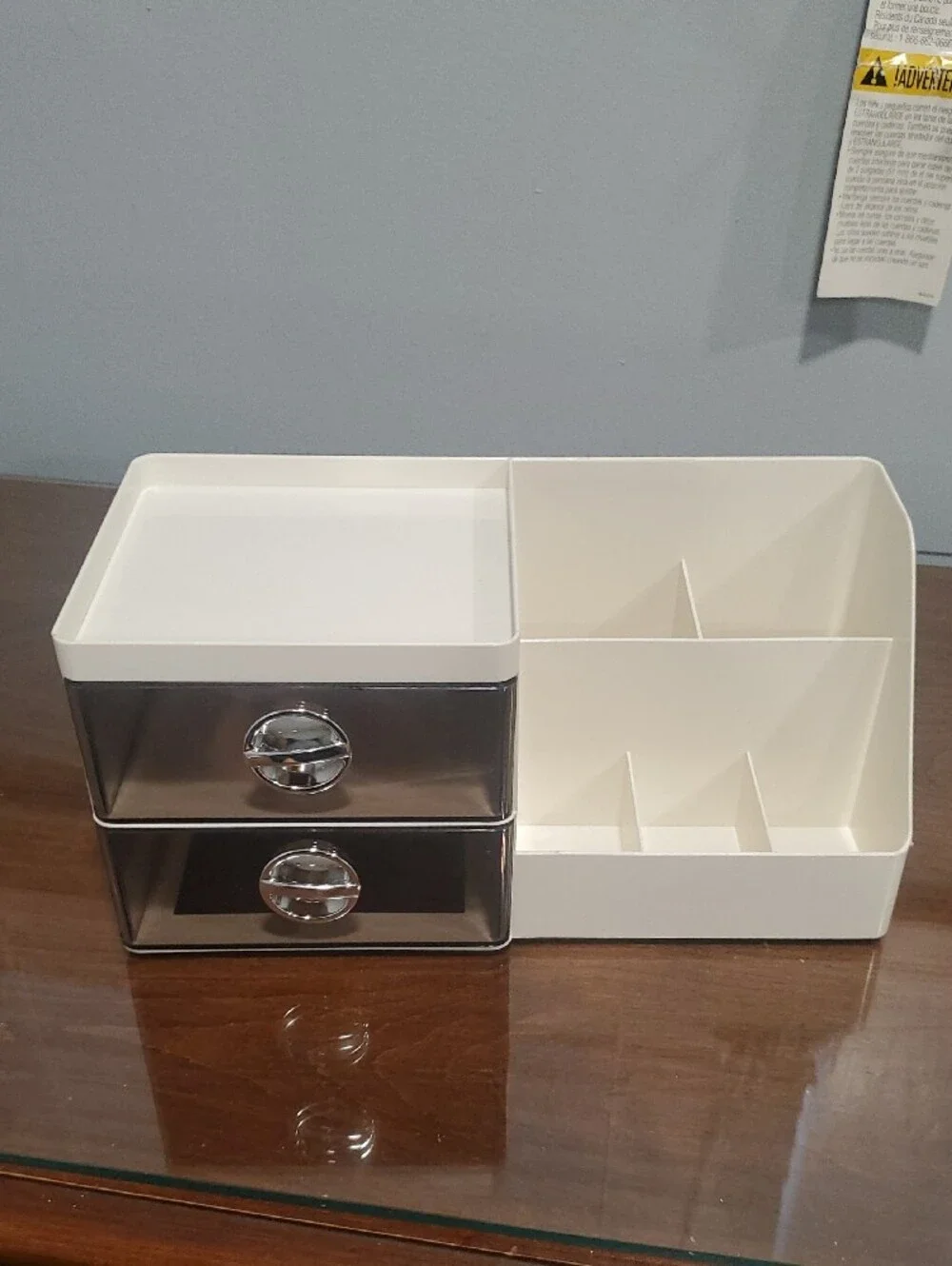 White Makeup Organizer with Smoke Drawers and Divided Compartments